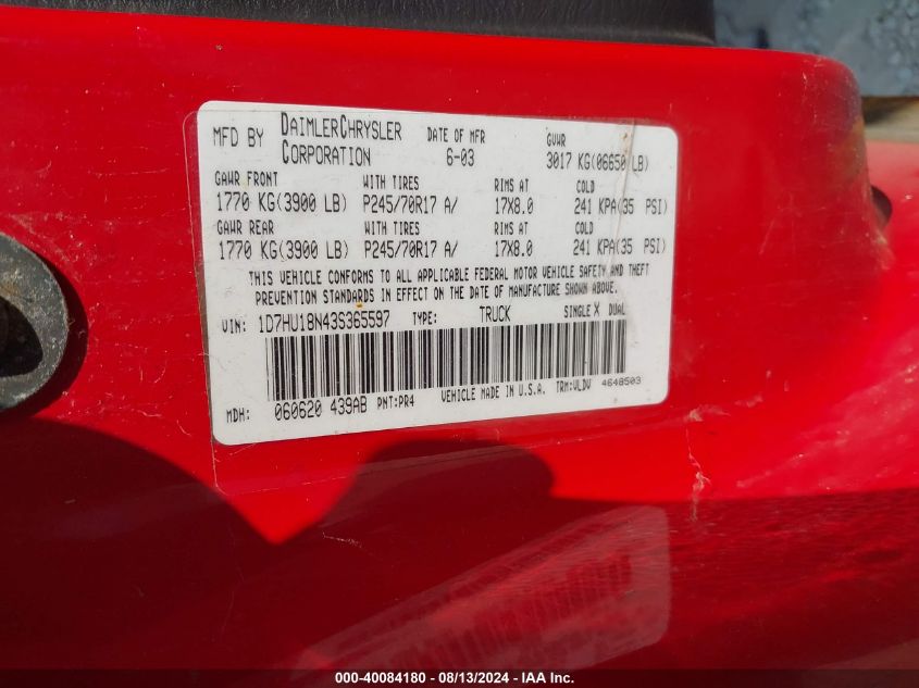 2003 Dodge Ram 1500 Slt/Laramie/St VIN: 1D7HU18N43S365597 Lot: 40084180