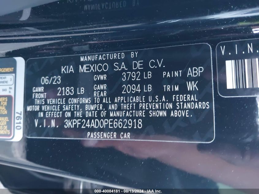 2023 Kia Forte Lxs VIN: 3KPF24AD0PE662918 Lot: 40084181