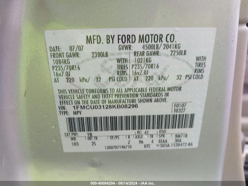 2008 Ford Escape Xlt VIN: 1FMCU03128KB08296 Lot: 40084204