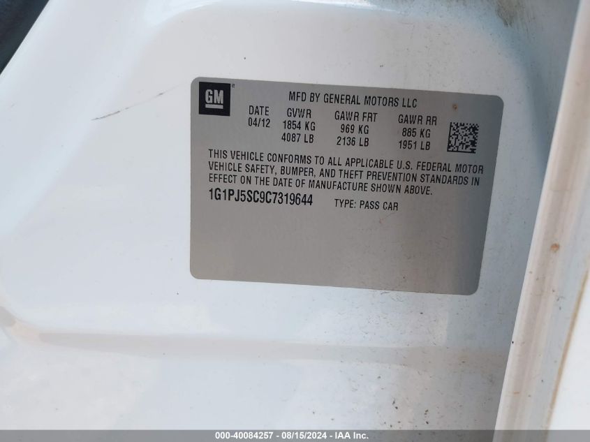 2012 Chevrolet Cruze Eco VIN: 1G1PJ5SC9C7319644 Lot: 40084257