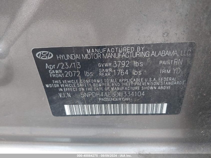 2013 Hyundai Elantra Gls/Limited VIN: 5NPDH4AE8DH334104 Lot: 40084275