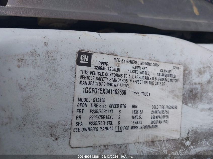 2004 Chevrolet Express G1500 VIN: 1GCFG15X341192550 Lot: 40084286