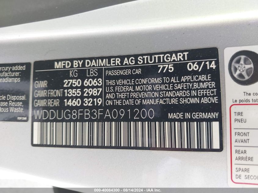 2015 Mercedes-Benz S 550 4Matic VIN: WDDUG8FB3FA091200 Lot: 40084300