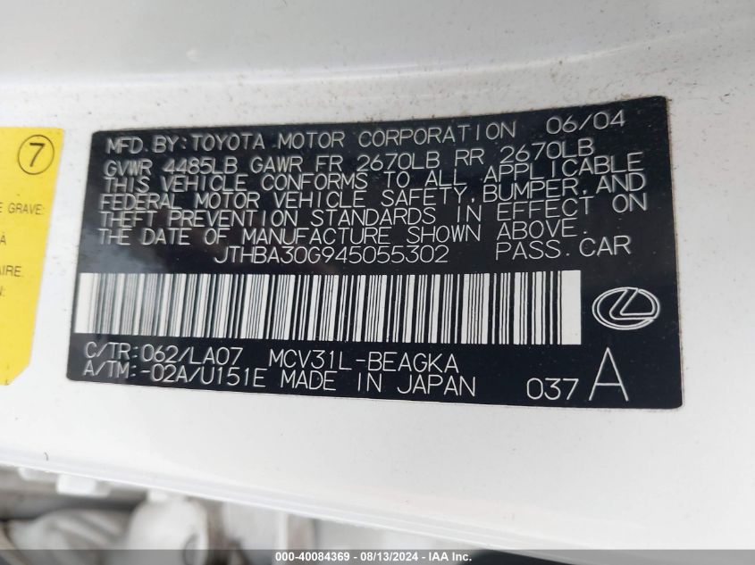 2004 Lexus Es 330 VIN: JTHBA30G945055302 Lot: 40084369