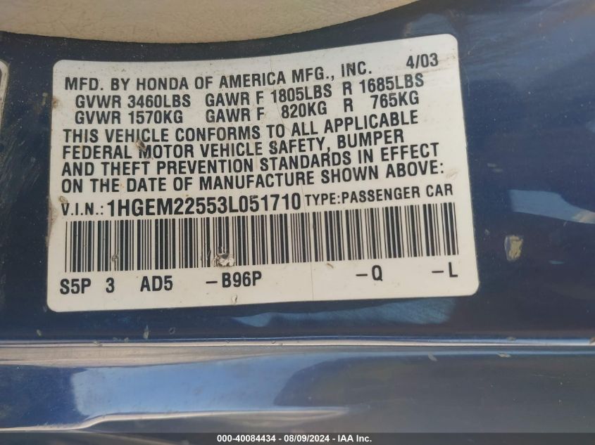 2003 Honda Civic Lx VIN: 1HGEM22553L051710 Lot: 40084434