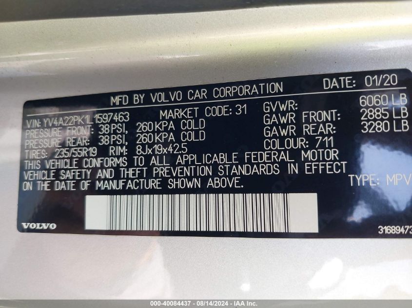 2020 VOLVO XC90 T6 MOMENTUM 7 PASSENGER VIN: YV4A22PK1L1597463