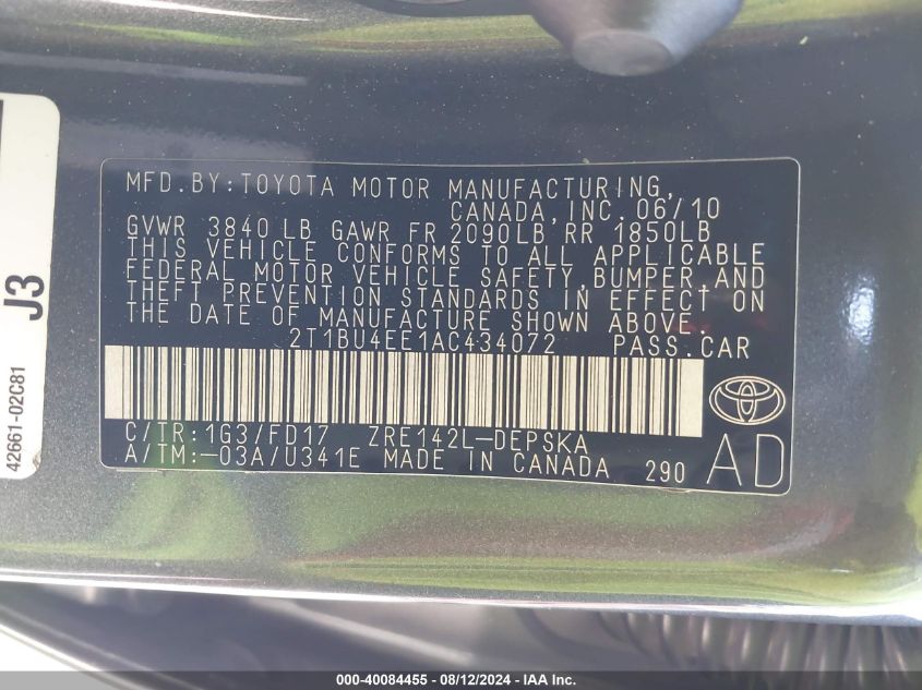 2010 Toyota Corolla S VIN: 2T1BU4EE1AC434072 Lot: 40084455