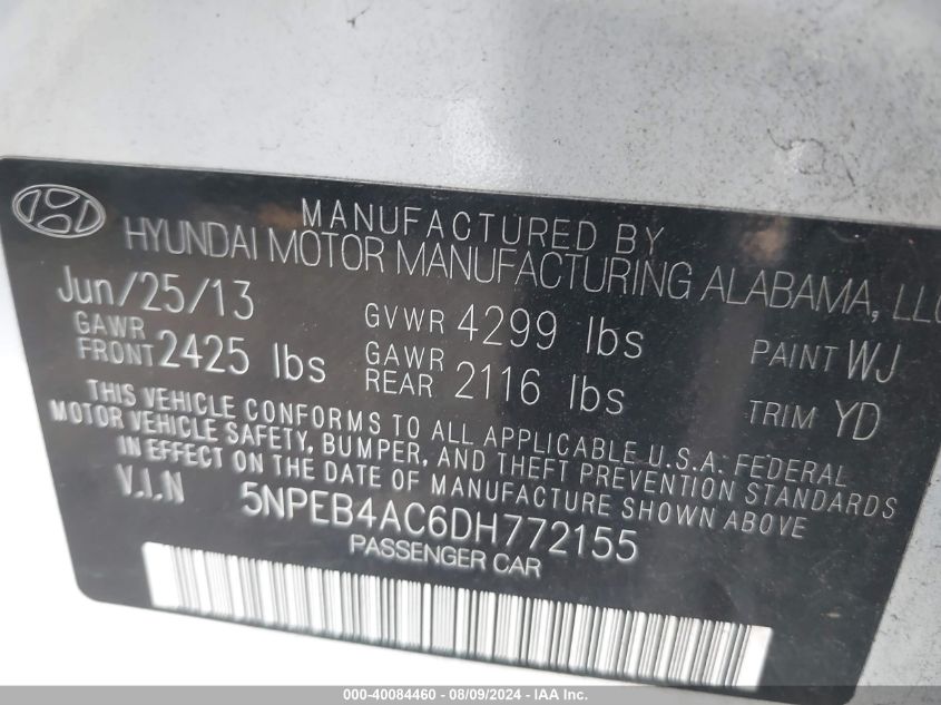 2013 Hyundai Sonata Gls VIN: 5NPEB4AC6DH772155 Lot: 40084460