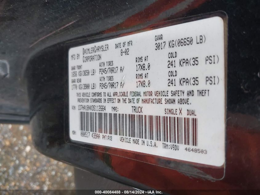 2003 Dodge Ram 1500 Slt/Laramie/St VIN: 1D7HA18NX3S112664 Lot: 40084488