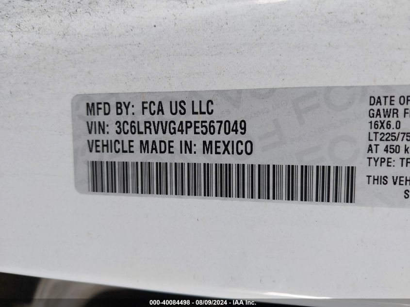 2023 Ram Promaster 2500 Low Roof 136 Wb VIN: 3C6LRVVG4PE567049 Lot: 40084498