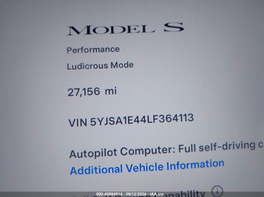 2020 Tesla Model S Performance Dual Motor All-Wheel Drive VIN: 5YJSA1E44LF364113 Lot: 40084514