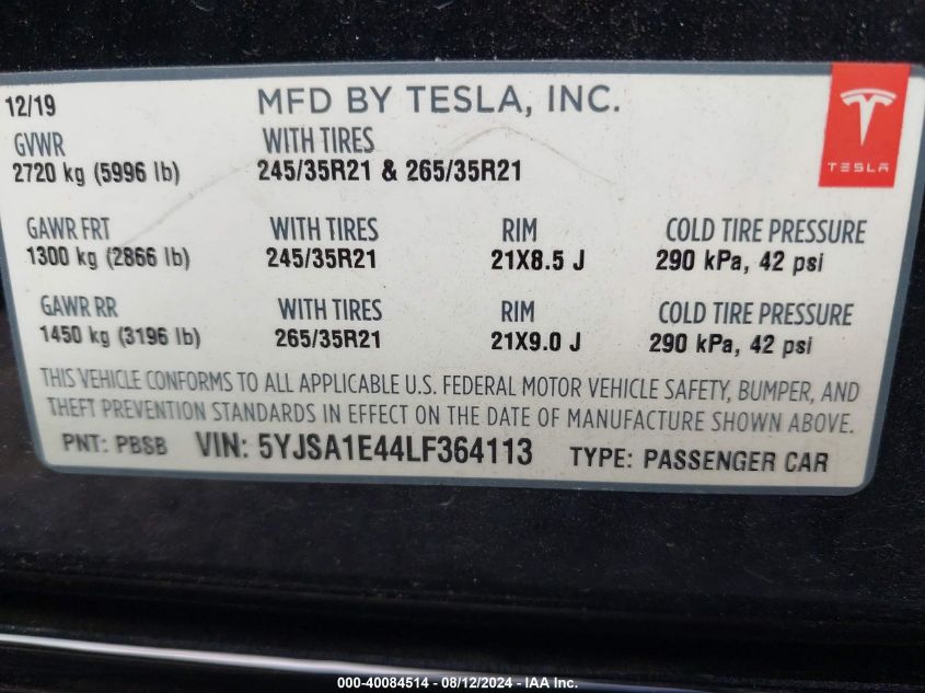 2020 Tesla Model S Performance Dual Motor All-Wheel Drive VIN: 5YJSA1E44LF364113 Lot: 40084514