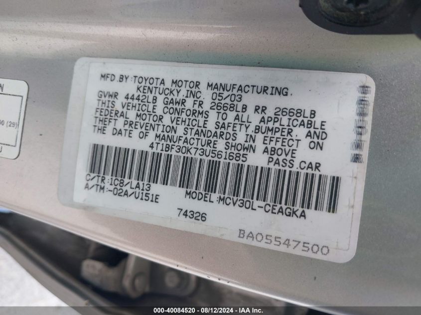 2003 Toyota Camry Xle V6 VIN: 4T1BF30K73U561685 Lot: 40084520