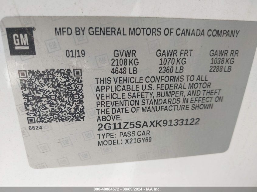 2G11Z5SAXK9133122 2019 Chevrolet Impala Lt