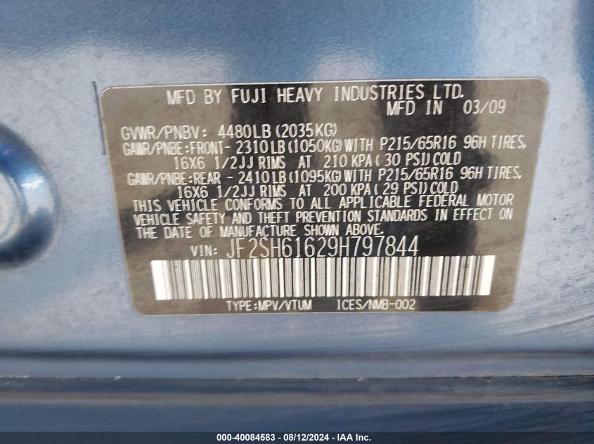2009 Subaru Forester 2.5X VIN: JF2SH61629H797844 Lot: 40084583