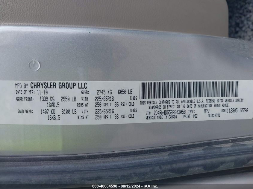 2011 Dodge Grand Caravan Express VIN: 2D4RN4DG5BR603058 Lot: 40084598