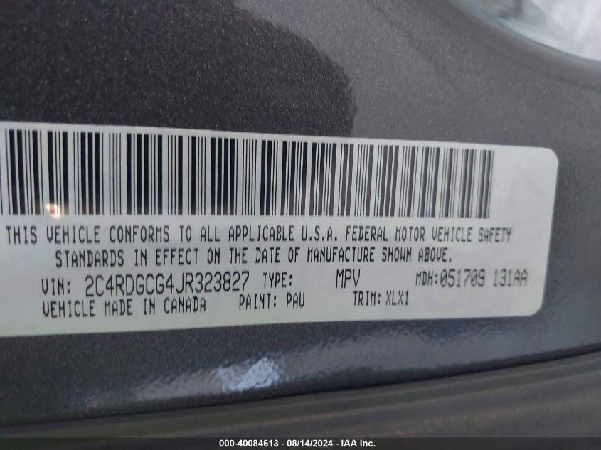 2018 Dodge Grand Caravan Sxt VIN: 2C4RDGCG4JR323827 Lot: 40084613