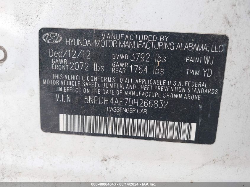 2013 Hyundai Elantra Gls VIN: 5NPDH4AE7DH266832 Lot: 40084643