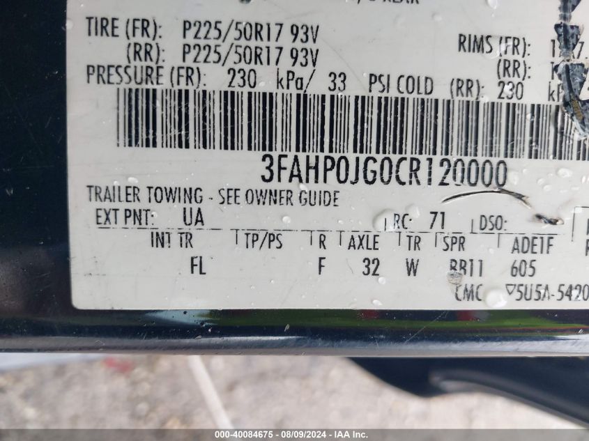 2012 Ford Fusion Sel VIN: 3FAHP0JG0CR120000 Lot: 40084675