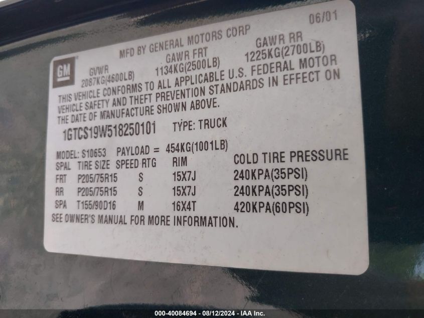 2001 GMC Sonoma Sls VIN: 1GTCS19W518250101 Lot: 40084694