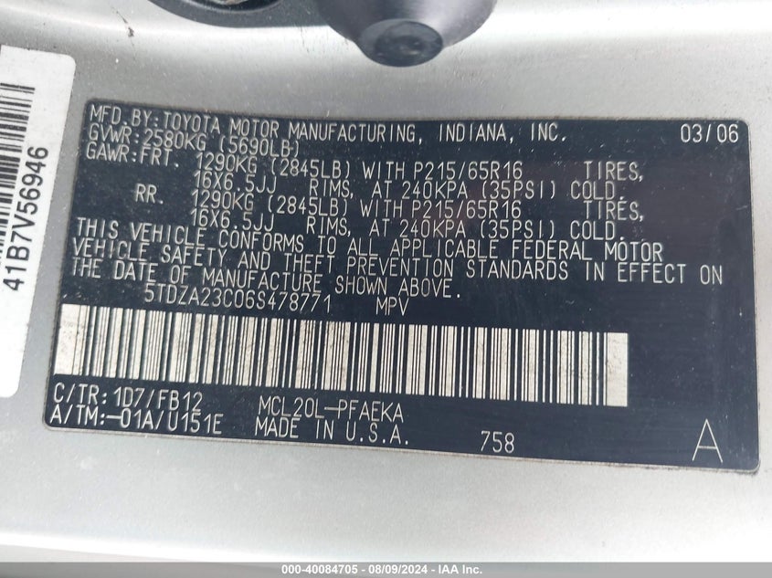 2006 Toyota Sienna Ce VIN: 5TDZA23C06S478771 Lot: 40084705