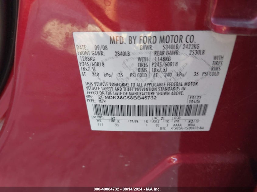 2008 Ford Edge Sel VIN: 2FMDK38C58BB45732 Lot: 40084732