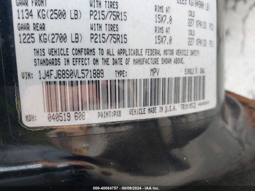 1997 Jeep Cherokee Sport VIN: 1J4FJ68S0VL571889 Lot: 40084757