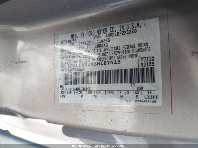 1995 Ford Thunderbird Lx VIN: 1FALP62W4SH107415 Lot: 40084797