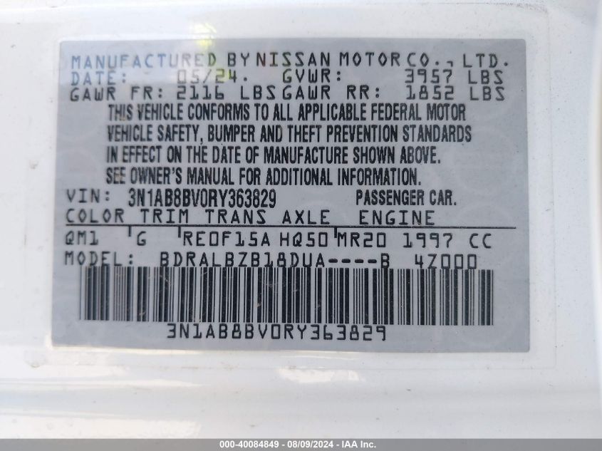 2024 NISSAN SENTRA S XTRONIC CVT - 3N1AB8BV0RY363829