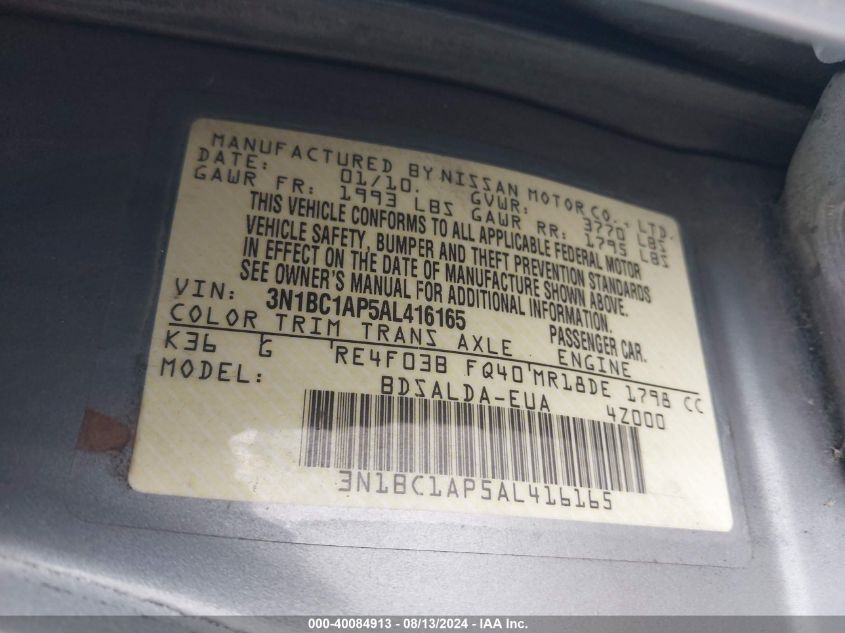 2010 Nissan Versa 1.8S VIN: 3N1BC1AP5AL416165 Lot: 40084913