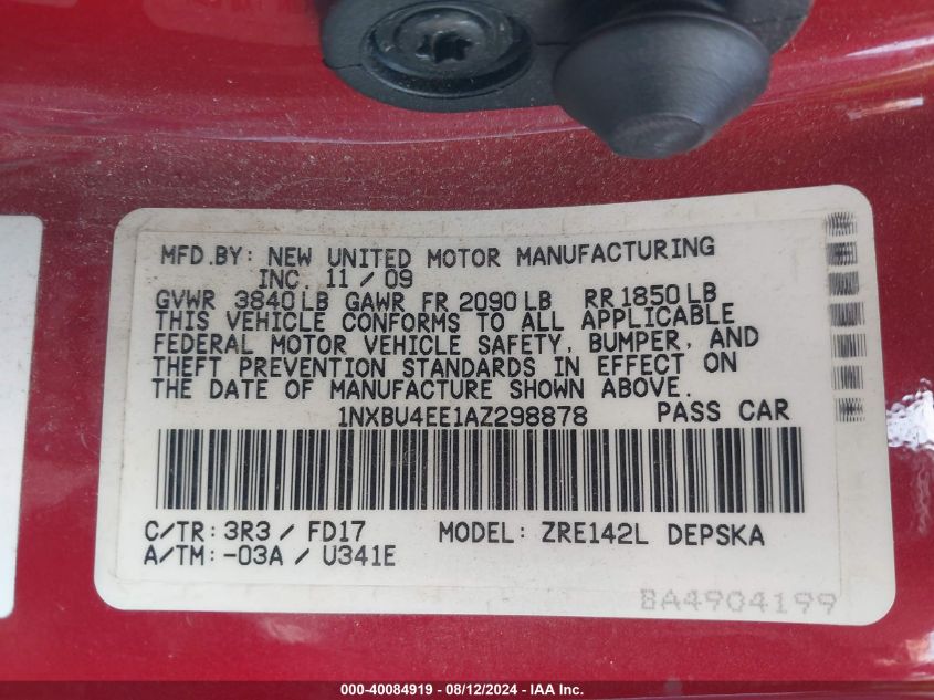 2010 TOYOTA COROLLA VIN: 1NXBU4EE1AZ298878