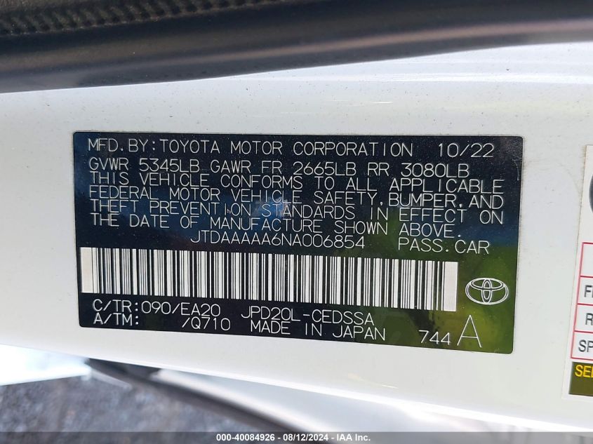 2022 Toyota Mirai Xle VIN: JTDAAAAA6NA006854 Lot: 40084926