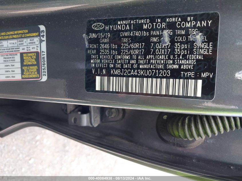 2019 Hyundai Tucson Se VIN: KM8J2CA43KU071203 Lot: 40084938