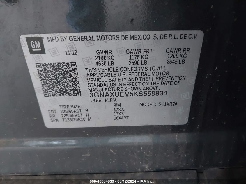 2019 CHEVROLET EQUINOX LT - 3GNAXUEV5KS559834