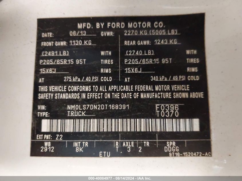 2013 Ford Transit Connect Xlt VIN: NM0LS7DN2DT168391 Lot: 40084977