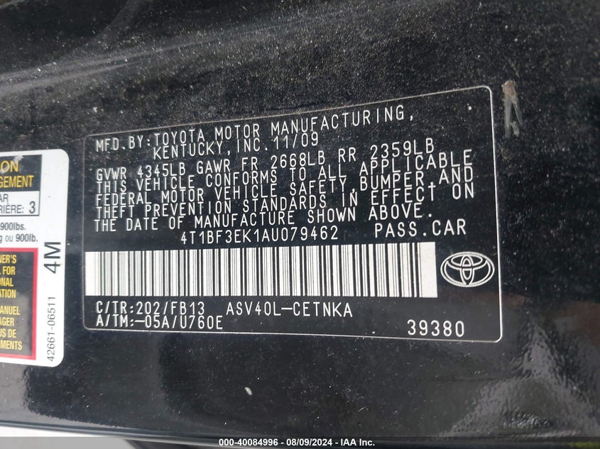 2010 Toyota Camry Le/Se/Xle VIN: 4T1BF3EK1AU079462 Lot: 40084996