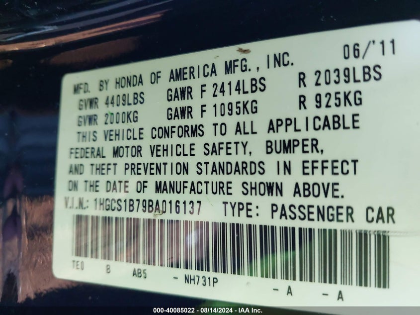2011 Honda Accord 2.4 Ex VIN: 1HGCS1B79BA016137 Lot: 40085022