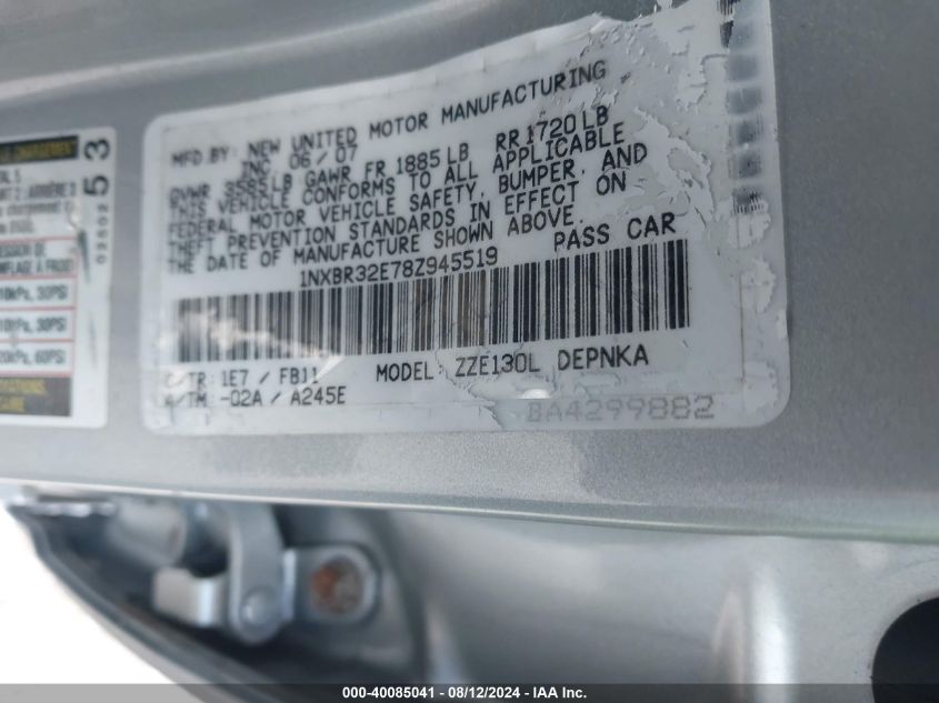 2008 Toyota Corolla Le VIN: 1NXBR32E78Z945519 Lot: 40085041