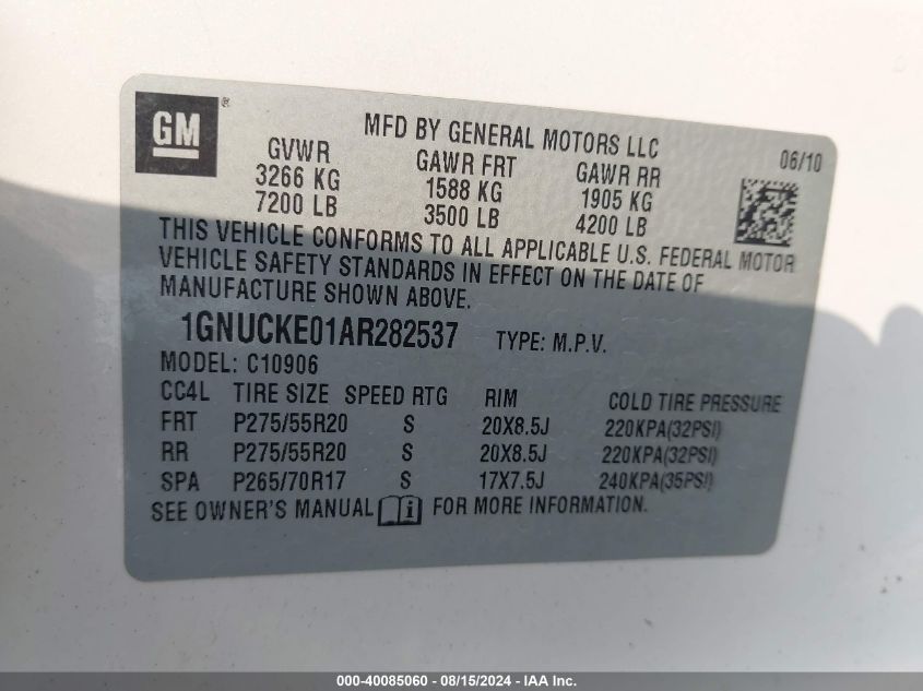 2010 Chevrolet Suburban 1500 Ltz VIN: 1GNUCKE01AR282537 Lot: 40085060