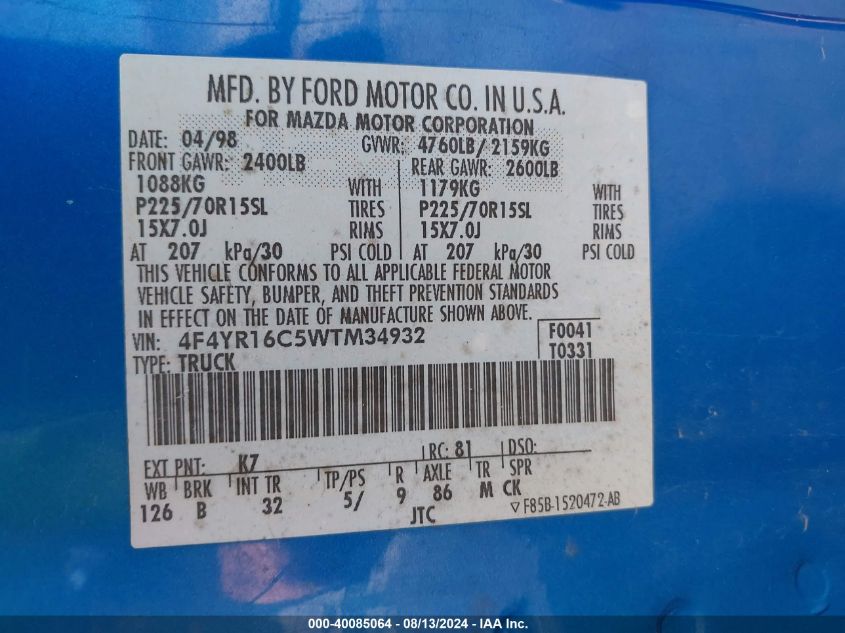 1998 Mazda B2500 Cab Plus VIN: 4F4YR16C5WTM34932 Lot: 40085064