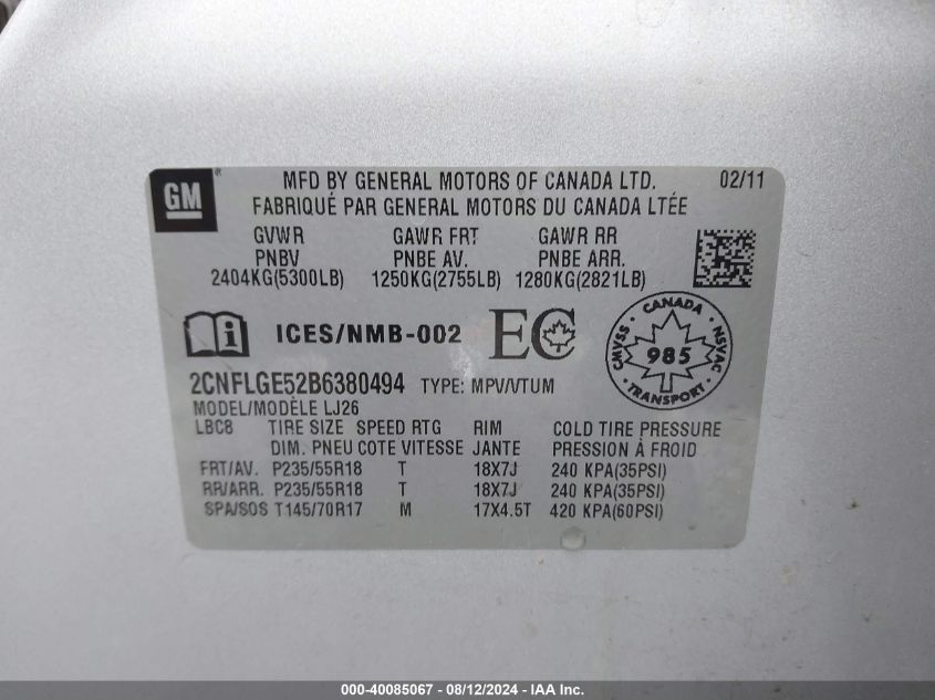 2011 Chevrolet Equinox Ltz VIN: 2CNFLGE52B6380494 Lot: 40085067