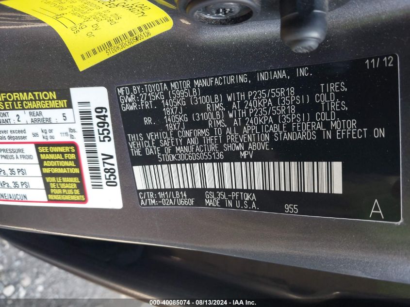 2013 TOYOTA SIENNA VIN: 5TDDK3DC6DS055136