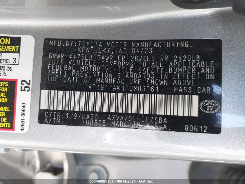 4T1G11AK1PU803061 2023 Toyota Camry Se