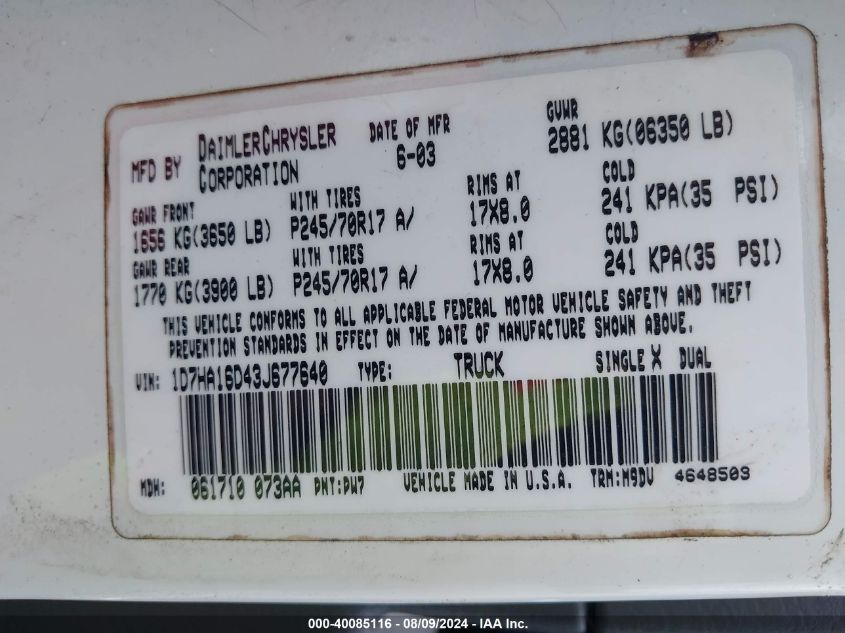 2003 Dodge Ram 1500 Slt/Laramie/St VIN: 1D7HA16D43J677640 Lot: 40085116