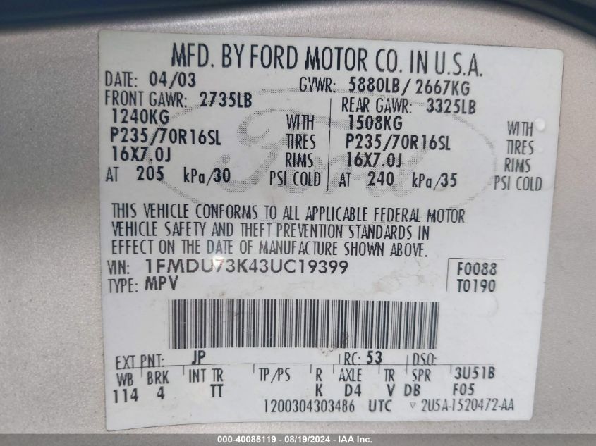 1FMDU73K43UC19399 2003 Ford Explorer Nbx/Xlt