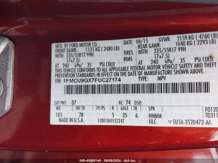 2015 Ford Escape Se VIN: 1FMCU9GX7FUC27174 Lot: 40085140