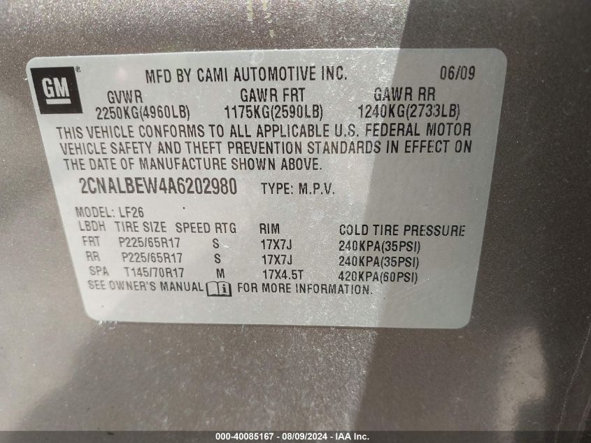 2010 Chevrolet Equinox Ls VIN: 2CNALBEW4A6202980 Lot: 40085167