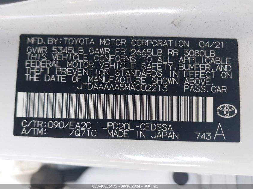 JTD5A5MA002213 2021 Toyota Mirai