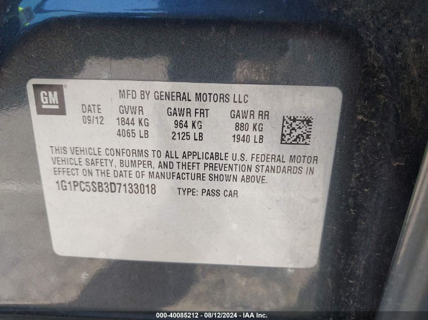 2013 Chevrolet Cruze 1Lt Auto VIN: 1G1PC5SB3D7133018 Lot: 40085212