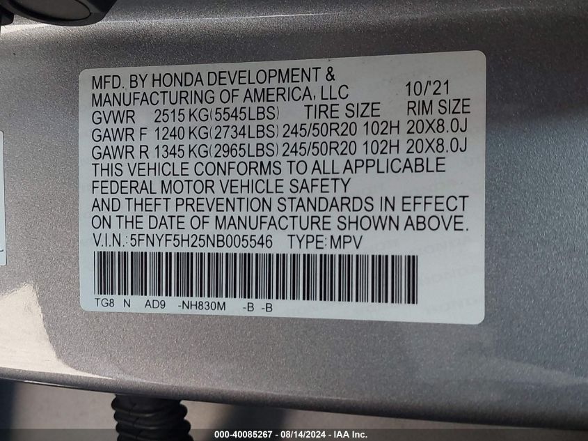 2022 Honda Pilot Se VIN: 5FNYF5H25NB005546 Lot: 40085267